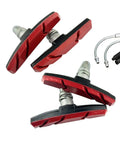 8 In One V Brakes Pad Set With 4 Brake Pads And 2 Pairs Aluminum Rubber Brake Line Elbows For Mountain Bikes 70x11x13mm Built For Shimano Sram MTB V Brakes Systems Easy Install And Smooth Stopping Power, red brake pads and metal brake line elbows shown.