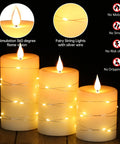 Ivory Real Wax Flameless Taper Candles Set Of 3 With Copper String Lights, lifelike LED flicker and warm glow on display