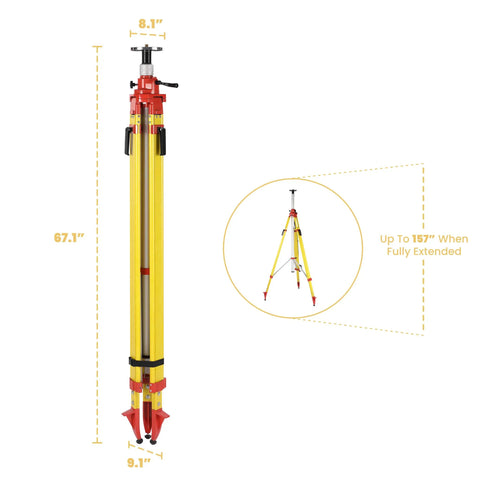 Giant 157 Inch Elevating Tripod For Rotary Lasers And Surveying Gear, compact and fully extended view with measurements.