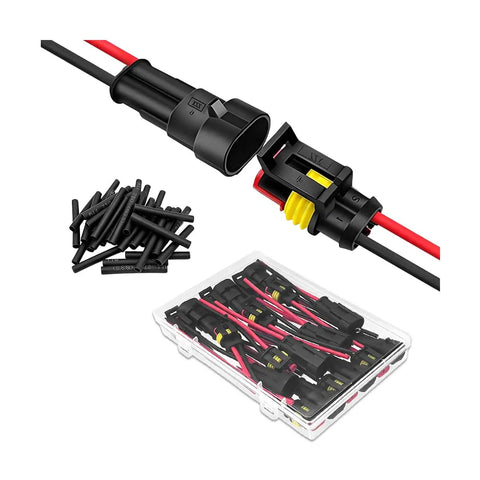 Top Tier 10 Set Of Premium 14 Awg Two Pin Electrical Connector Kits Made With Durable Copper And Nylon For Rock Solid Current Transmission And Easy Plugging. Assorted black 2-pin wire connectors with red wires and heat shrink.