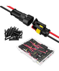 Top Tier 10 Set Of Premium 14 Awg Two Pin Electrical Connector Kits Made With Durable Copper And Nylon For Rock Solid Current Transmission And Easy Plugging. Black 2-pin waterproof connector kit with heat shrink tubes in storage case