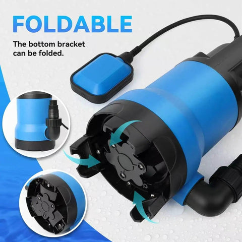 No Stress Heavy Duty 1.5HP Submersible Sump Pump Moving Four Thousand Five Hundred Gallons Per Hour With Twenty Five Foot Cord showing foldable bottom bracket.