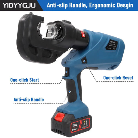 12 Ton Battery Powered Hydraulic Crimping Tool With 12 Dies For 6AWG To 800MCM Lugs Heavy Duty Electric Crimper Copper Motor Fast Prep And High Force Crimping, blue handheld unit with 18V battery
