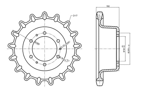 Top Shelf Replacement Drive Sprocket For Bobcat Skid Steer Loaders, 6 hole bolt pattern, 17 cogs, detailed technical drawing.