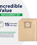15 Pack 5-8 Gallon Vacuum Bags For Wet Dry Vacs Fit Stanley SL18115 SL18116 SL18117 SL18158 And Porter-Cable