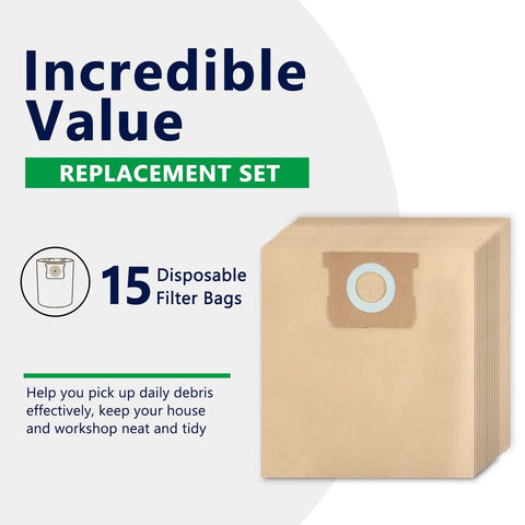 15 Pack 5-8 Gallon Vacuum Bags For Wet Dry Vacs Fit Stanley SL18115 SL18116 SL18117 SL18158 And Porter-Cable