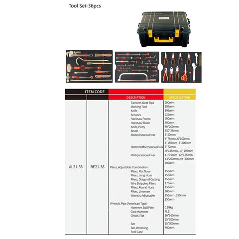Image of No Spark 36 Piece Tool Set Spark Free Safety Kit With Wrenches Pliers Screwdrivers Hammers And Knives In Non Magnetic Case.