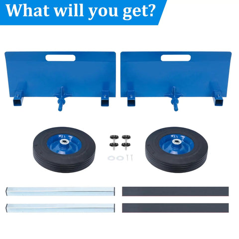 Components of Heavy Duty Panel Dolly For Doors And Drywall, 1100 Pound Capacity, including blue plates and solid wheels.