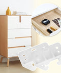 Four Pack White Plastic Drawer Slide Brackets With Complete Hardware For Silky Smooth Gliding Easy Peasy Installation Heavy Duty Furniture Repair And Cabinet Track Replacement System displayed with a modern white and wood dresser.