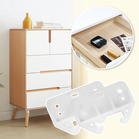 Four Pack White Plastic Drawer Slide Brackets With Complete Hardware For Silky Smooth Gliding Easy Peasy Installation Heavy Duty Furniture Repair And Cabinet Track Replacement System displayed with a modern white and wood dresser.
