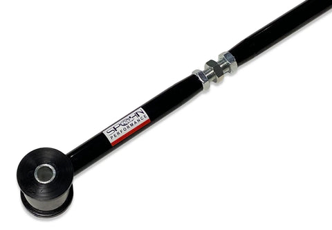 Adjustable Rear Panhard Track Bar With Polyurethane Bushings For 2002 2009 GM Trailblazer Envoy SSR Bravada Black No Fuss Bolt In Installation To Center The Rear Axle After Lifts And Big Tire Upgrades, black DOM tube with adjuster and bushing close-up
