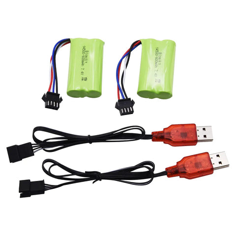 Two Pack 7.4V 2S 600mAh Li Ion Rechargeable Battery With SM-4P Plug And Charger Cable for RC cars and water bead blasters