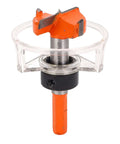 Front view of SENECESLI 35mm concealed hinge jig drill guide set; orange cutter with clear plastic housing
