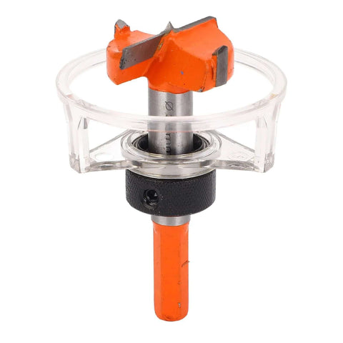 Front view of SENECESLI 35mm concealed hinge jig drill guide set; orange cutter with clear plastic housing