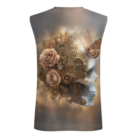 Hella Comfy Dope Mens Hawaiian Floral Skull Butterfly Graphic Sleeveless Tank Top lightweight summer design with mechanical details.