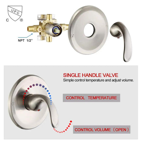 Brushed Nickel 3 Way Shower System valve and control handle showcasing temperature and volume adjustment functions.