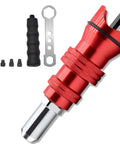Must Upgrade Your DIY Game With This Electric Rivet Nut Drill Adapter Kit For Cordless Tools Featuring Removable Handle Easy Install And Removal For Wide Rivet Sizes To Get The Job Done Rapidly Without The Hassle. Red metal rivet nut drill adapter with handle and bits