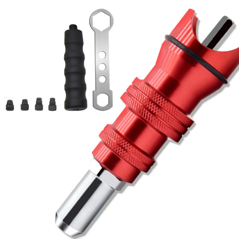 Must Upgrade Your DIY Game With This Electric Rivet Nut Drill Adapter Kit For Cordless Tools Featuring Removable Handle Easy Install And Removal For Wide Rivet Sizes To Get The Job Done Rapidly Without The Hassle. Red metal rivet nut drill adapter with handle and bits