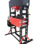 Heavy Duty 100 Ton Electric Hydraulic Shop Press Featuring A Quick Slide Carriage Winch And Easy Height Adjustments side view of robust machine.
