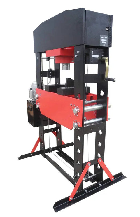 Heavy Duty 100 Ton Electric Hydraulic Shop Press Featuring A Quick Slide Carriage Winch And Easy Height Adjustments side view of robust machine.