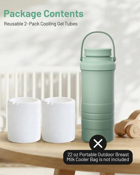 Two Pack Replacement Cooling Gel Tubes Compatible With Portable Breast Milk Cooler Reusable Freezer Inserts on wooden table.