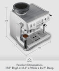Oracle Fully Automatic Espresso Machine In Brushed Stainless Steel With 58 mm Portafilter Integrated Grinder And Slick Milk Frother showing dimensions 17.8"x16.1"x14.7".