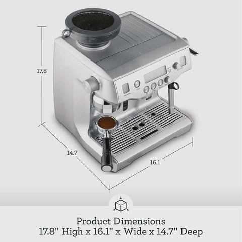 Oracle Fully Automatic Espresso Machine In Brushed Stainless Steel With 58 mm Portafilter Integrated Grinder And Slick Milk Frother showing dimensions 17.8"x16.1"x14.7".