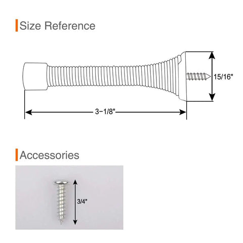 Size reference diagram for Two Pack Premium Spring Door Stoppers In Glossy Oil Rubbed Bronze featuring flexible black rubber pads.
