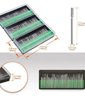 Pro Grade Diamond Burr Bits Drill Kit For Rotary Tools 90 Piece Set with dimensions and individual bit close-up