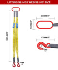 Front view of two-leg bridle lifting sling with yellow polyester webbing, red hooks, 3.3 ft length, 13,227 lb capacity.