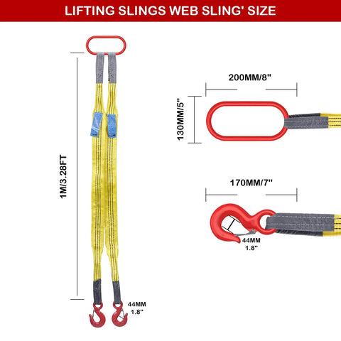 Heavy Duty Polyester Bridle Lifting Slings With Durable Hooks, 3.3 Feet Two Leg Rigging Strap, detailed size chart.