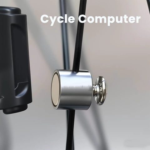 Close-up of 2 Pack Universal Bike Speedometer Magnet Set for Bicycle Computers attached to wheel spoke, silver color, waterproof.