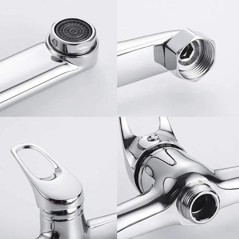 Detailed view of SDVantage 360° Wall Mounted Kitchen Faucet Brass Single Handle Mixer Tap showing spout and connections.