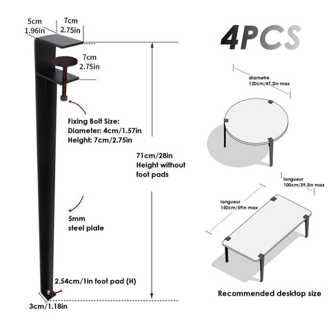 Heavy Duty Metal Table Legs diagram showing dimensions and recommended desktop sizes for customizable setups.