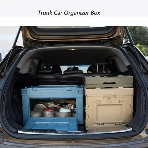 Hella Big Folding Storage Bins With Secure Lid 65L Large Collapsible Truck Bed And Car Trunk Organizer Crate in a car trunk.