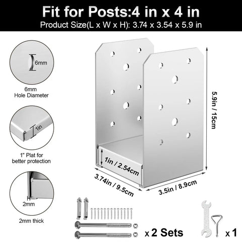 4x4 Post Base Kit With 2 Stainless Steel Adjustable Post Anchor Brackets For Deck Porch Handrail Railing Support And Pavilion Posts Internal 3.5x3.5 Mount Sturdy Easy Install On Concrete Or Wooden Floors. Includes dimensions and screws.