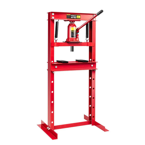 Heavy Duty 12 Ton Hydraulic Shop Floor Press With H Frame And Steel Plates Adjustable Working Table Floor Stand Jack Built To Handle Gears And Bearings Powder Coated Rust Resistant Construction For Tough Shop Use.