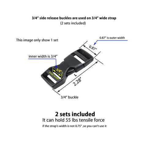 Easy Adjustable Side Release Buckle Three Quarter Inch Plastic Snap Buckle Clips For Backpack Straps Replacement No Sewing Needed shown with dimensions on white background