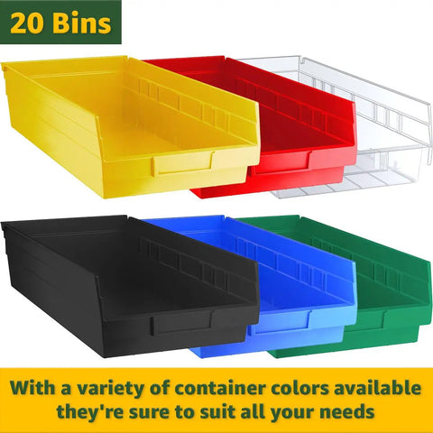 Heavy Duty Chrome Storage Shelving Unit With 20 Slanted Bins For Garage Workshop Warehouse Office Tool Hardware Parts Solid Metal Rack Built Tough No Sweat High Performance Industrial Strength color-coded bins in yellow, red, blue, green, and black
