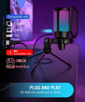 AmpliGame USB Gaming Microphone For PC And PS5 with tripod and pop filter, showcasing compatible devices and USB-C connection.