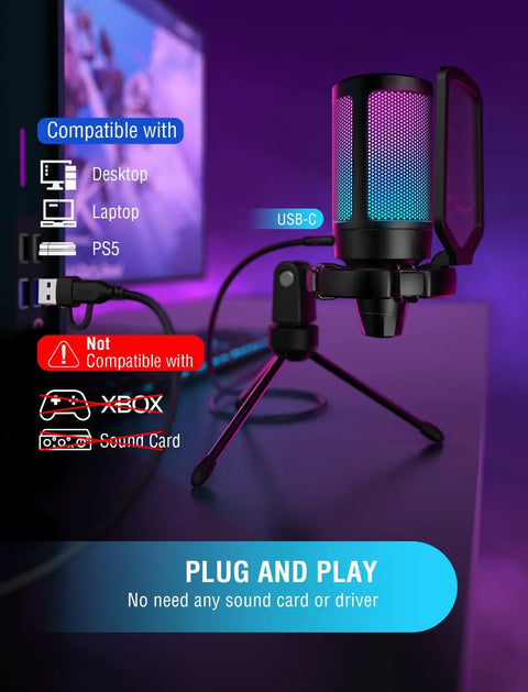 AmpliGame USB Gaming Microphone For PC And PS5 with tripod and pop filter, showcasing compatible devices and USB-C connection.