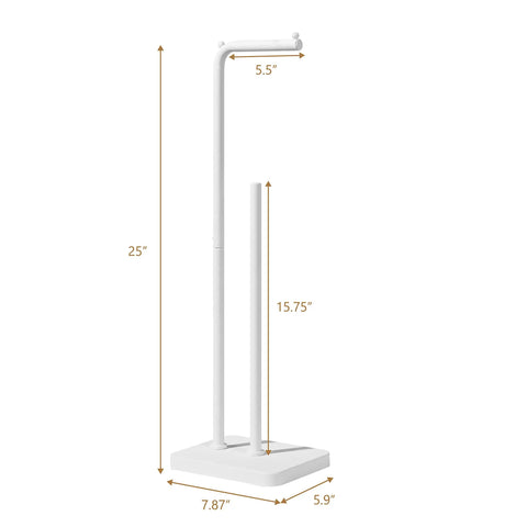 Freestanding Toilet Paper Roll Holder With Reserve Base White Powder Coated Finish Stand For Bathroom Restroom And Garage Holds Three Mega Rolls Dispenses Thick Paper Easy Refill And Stable Heavy Duty Design with dimensions 25 x 7.87 x 5.9 inches