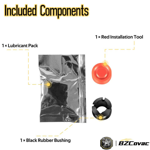 3-piece Gear Shift Cable Bushing Repair Kit with red install tool, lubricant pack, and black rubber bushing shown separately.