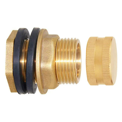 Brass Garden Hose Bulkhead Fitting Kit With Plugs Half Inch Female To Three Quarter GHT Male Water Tank Connector side view