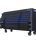 Heavy Duty 17 Drawer Rolling Tool Chest Cabinet 72 Inch Wide Shop Rig Storage With Smooth Mag Wheels and Crisp Blue Pulls side view.