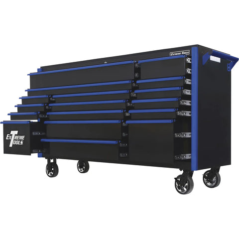 Heavy Duty 17 Drawer Rolling Tool Chest Cabinet 72 Inch Wide Shop Rig Storage With Smooth Mag Wheels and Crisp Blue Pulls side view.