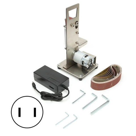 Jauarta Mini Belt Sander With Aluminum Alloy Body, compact design with power adapter and sanding belts for polishing metal, wood, plastic.