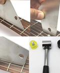 Guitar Luthier Tool Kit with Double Headed Fret Hammer, crowning file, fret rocker, and tools for precise fret work on a guitar neck.