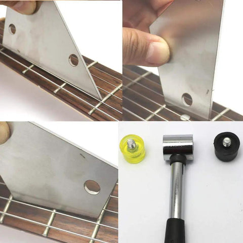 Guitar Luthier Tool Kit with Double Headed Fret Hammer, crowning file, fret rocker, and tools for precise fret work on a guitar neck.