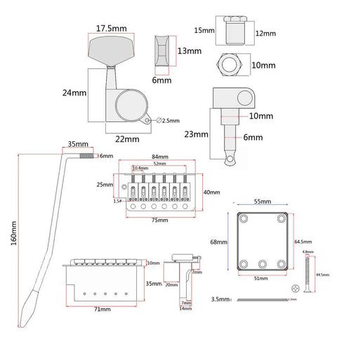Technical diagram of ST Style Electric Guitar DIY Kit With Prewired Pickguard, Bridge And SSS Pickups, No Soldering Design, Plug And Play